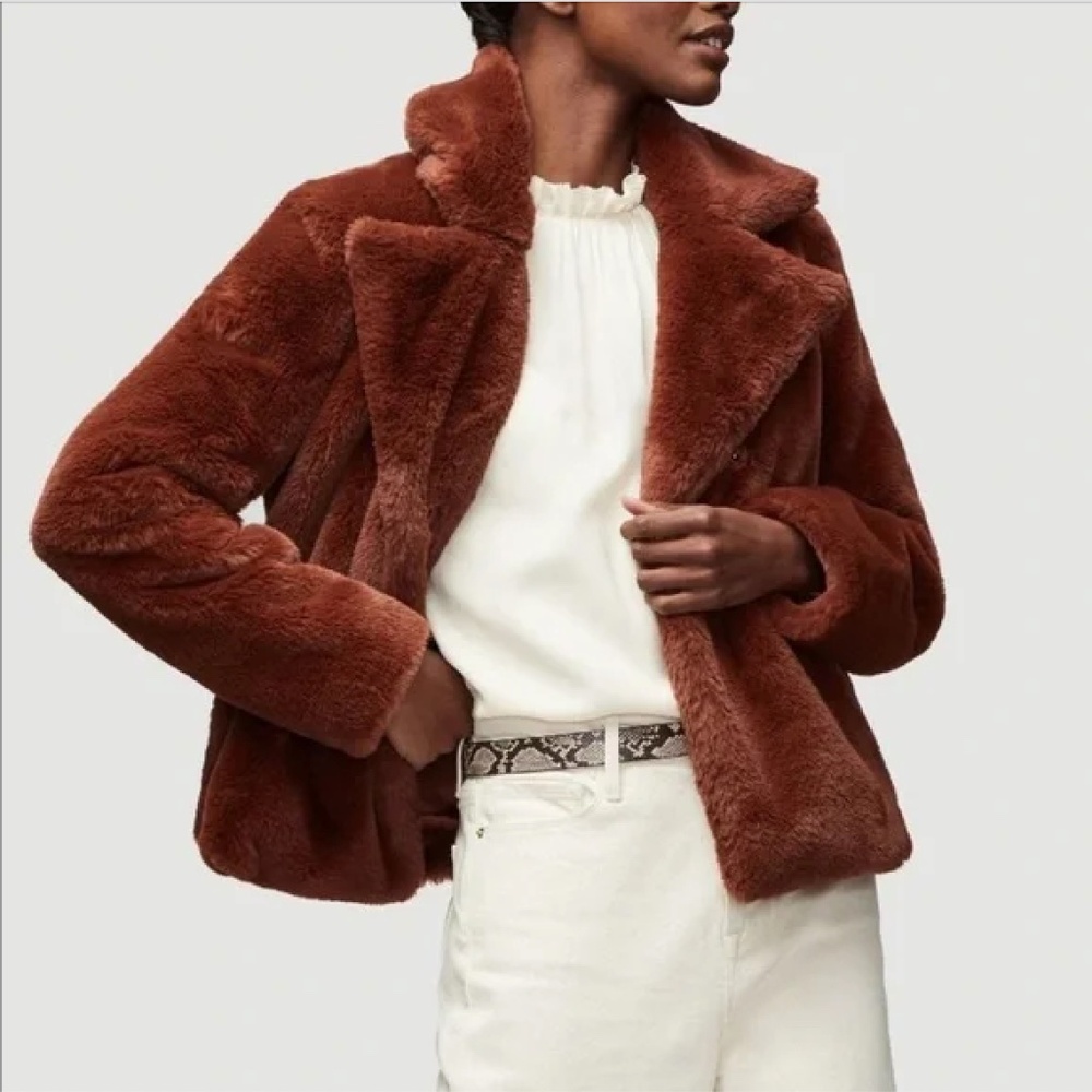 FRAME Tawny Faux Fur Coat Oversized Lapel Jacket Size S Statement